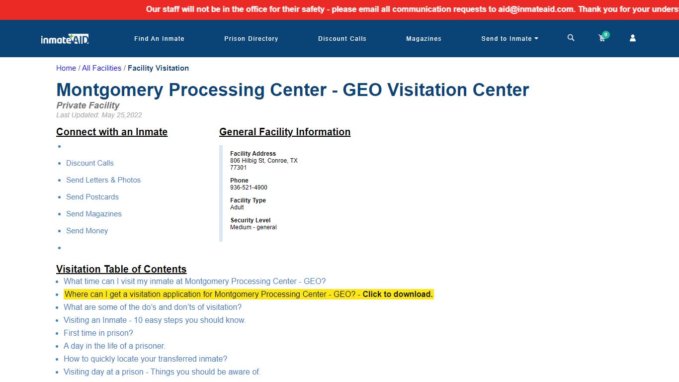 Montgomery Processing Center - GEO | Visitation, dress code & visiting ...